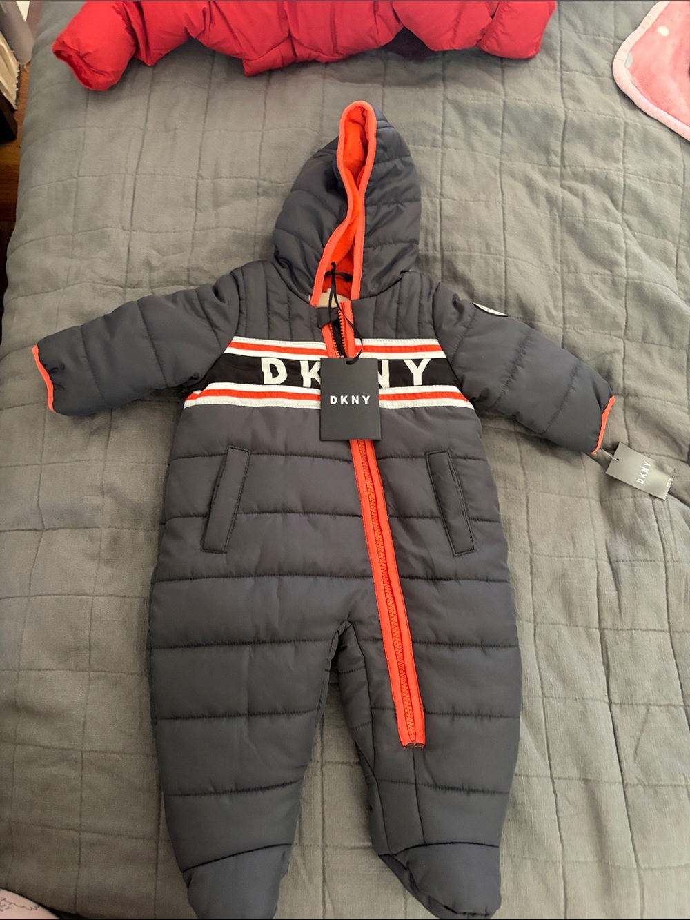 DKNY Gray and Orange Infant Hooded Puffer One-Piece